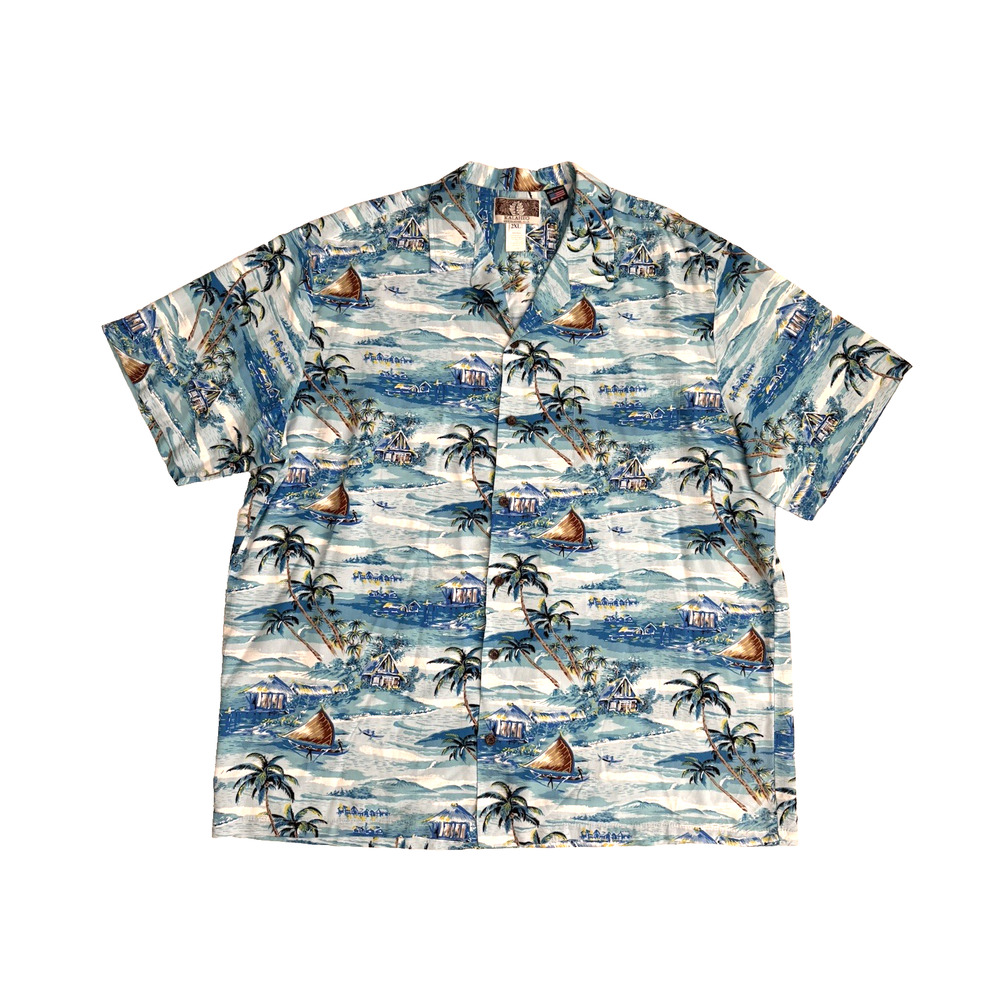 Kalaheo Short-Sleeve Hawaiian Shirt 2XL Blue Rayon Ocean Palm Trees Hawaii USA